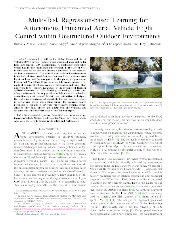 Multi-Task Regression-based Learning for Autonomous Unmanned Aerial Vehicle Flight Control within Unstructured Outdoor Environments Thumbnail