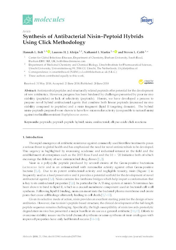 Synthesis of Antibacterial Nisin–Peptoid Hybrids Using Click Methodology Thumbnail