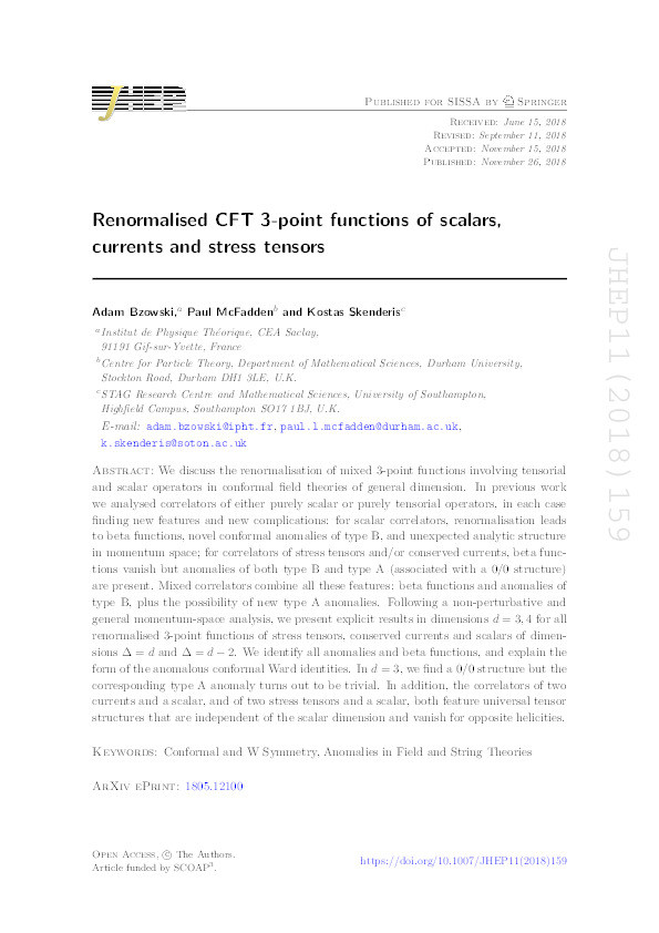 Renormalised CFT 3-point functions of scalars, currents and stress tensors Thumbnail