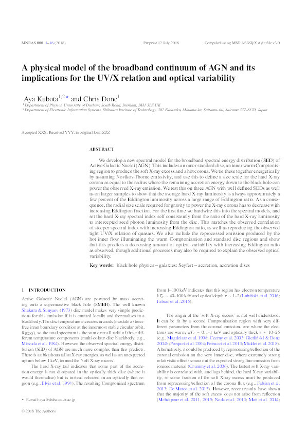 A physical model of the broadband continuum of AGN and its implications for the UV/X relation and optical variability Thumbnail