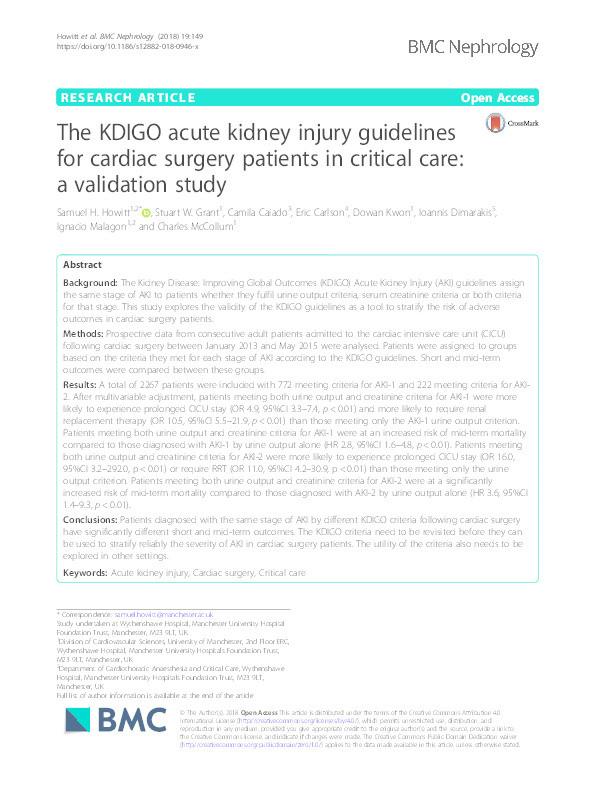 The KDIGO acute kidney injury guidelines for cardiac surgery patients in critical care: a validation study Thumbnail