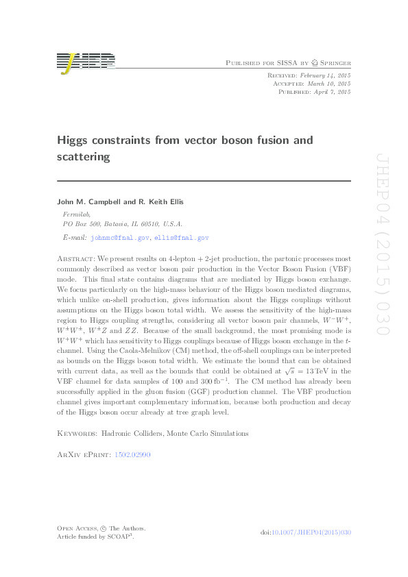 Higgs constraints from vector boson fusion and scattering Thumbnail