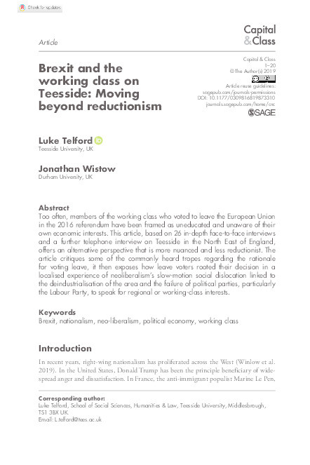 Brexit and the working class on Teesside: Moving beyond reductionism Thumbnail