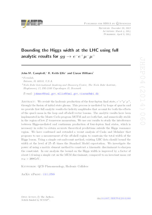 Bounding the Higgs width at the LHC using full analytic results for gg−>e−e+μ−μ+ Thumbnail