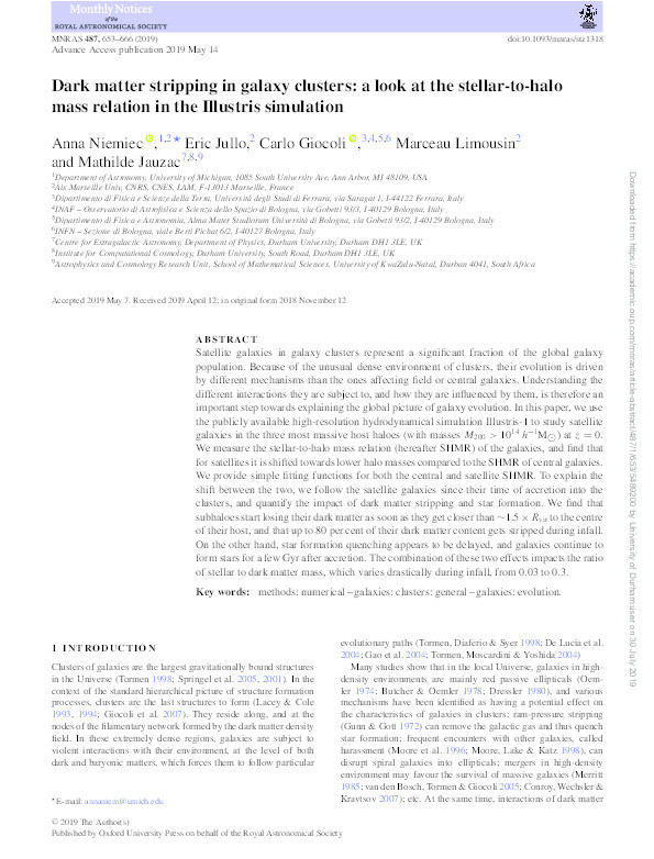 Dark matter stripping in galaxy clusters: a look at the stellar-to-halo mass relation in the Illustris simulation Thumbnail