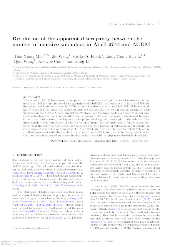 Resolution of the apparent discrepancy between the number of massive subhaloes in Abell 2744 and ΛCDM Thumbnail