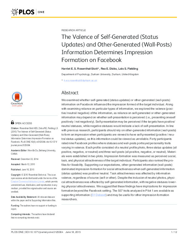 The Valence of Self-Generated (Status Updates) and Other-Generated (Wall-Posts) Information Determines Impression Formation on Facebook Thumbnail
