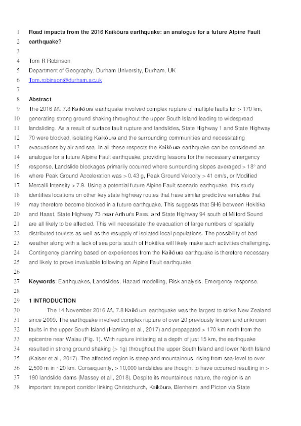 Road impacts from the 2016 Kaikōura earthquake: an analogue for a future Alpine Fault earthquake? Thumbnail