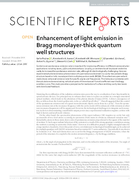 Enhancement of light emission in Bragg monolayer-thick quantum well structures Thumbnail