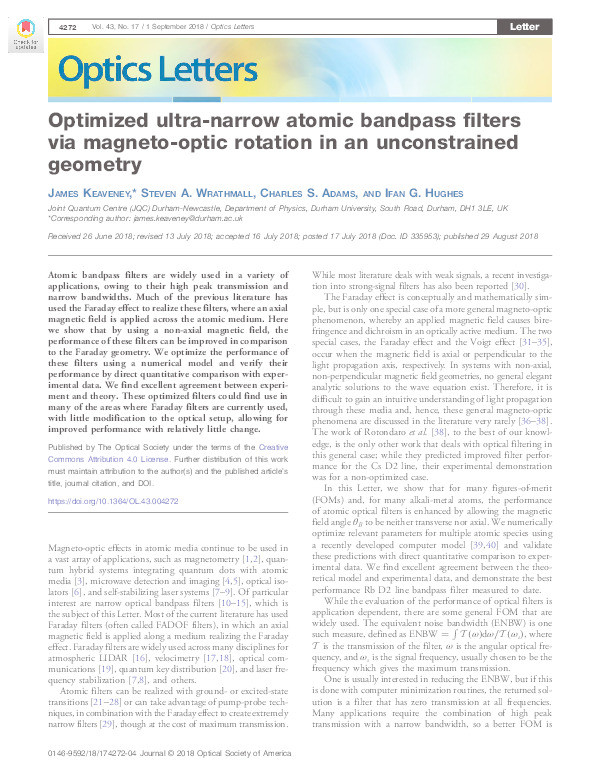 Optimized ultra-narrow atomic bandpass filters via magneto-optic rotation in an unconstrained geometry Thumbnail