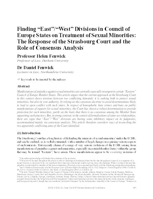 ‘Finding ‘East’/’West’ divisions in Council of Europe states on treatment of sexual minorities: the response of the Strasbourg Court and the role of consensus analysis’ Thumbnail