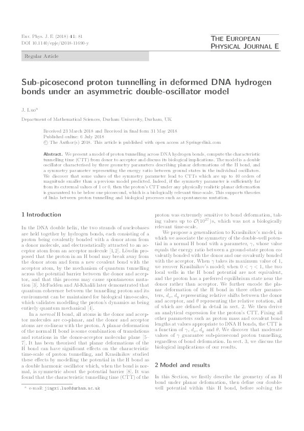 Sub-picosecond proton tunnelling in deformed DNA hydrogen bonds under an asymmetric double-oscillator model Thumbnail