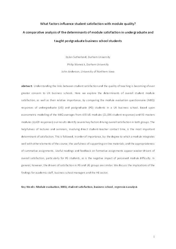 What factors influence student satisfaction with module quality? A comparative analysis in a UK business school context Thumbnail