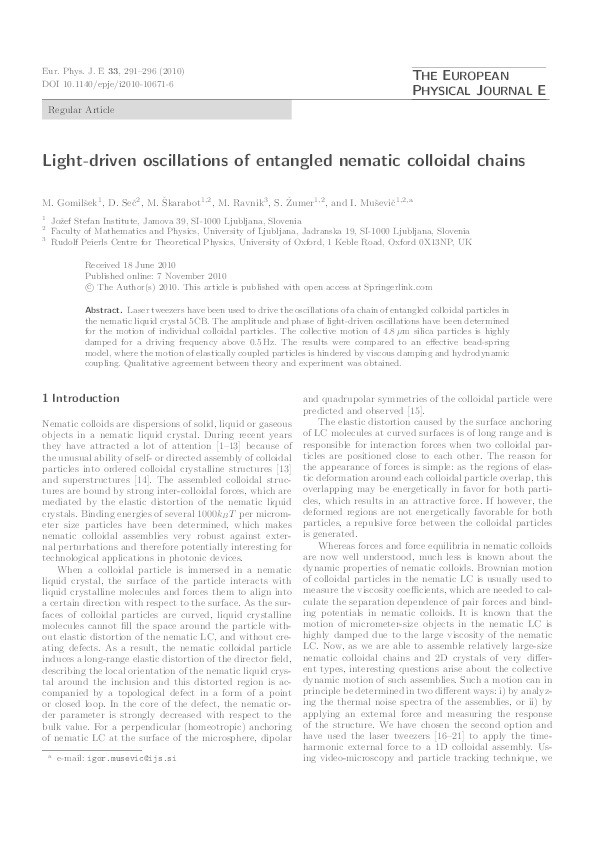 Light-driven oscillations of entangled nematic colloidal chains Thumbnail