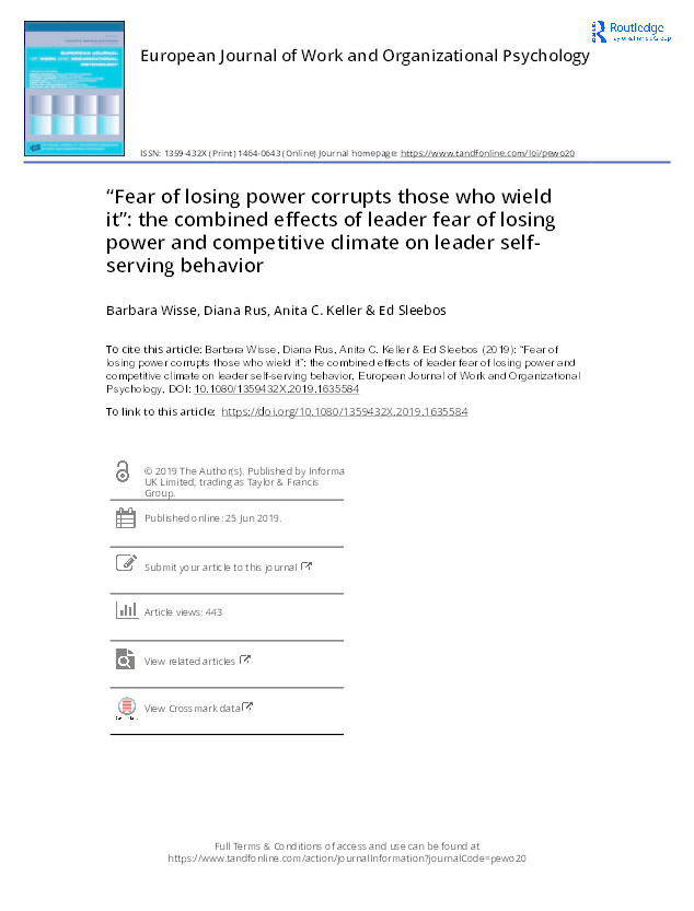 Fear of losing power corrupts those who wield it”: the combined effects of leader fear of losing power and competitive climate on leader self-serving behavior Thumbnail