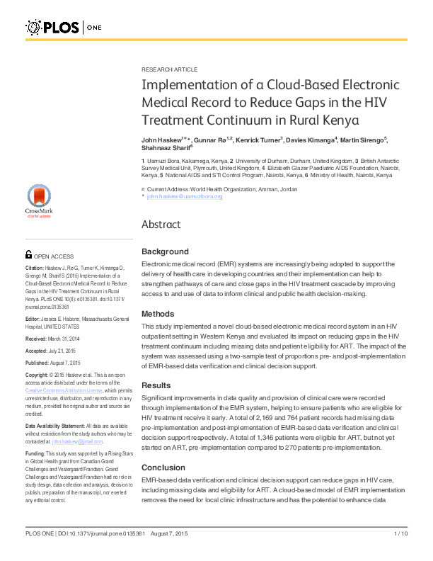 Implementation of a Cloud-Based Electronic Medical Record to Reduce Gaps in the HIV Treatment Continuum in Rural Kenya Thumbnail