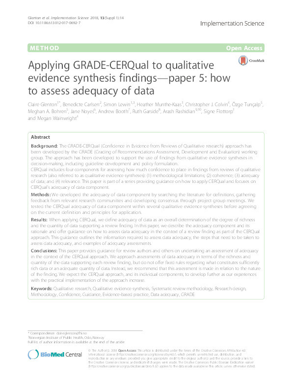 Applying GRADE-CERQual to qualitative evidence synthesis findings—paper 5: how to assess adequacy of data Thumbnail