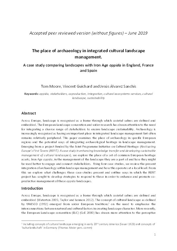 The place of archaeology in integrated cultural landscape management. A case study comparing landscapes with Iron Age oppida in England, France and Spain Thumbnail