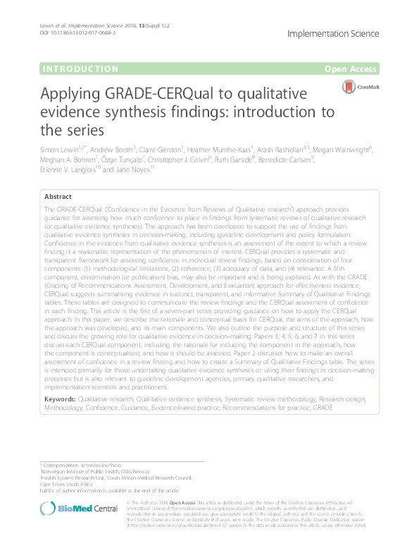 Applying GRADE-CERQual to qualitative evidence synthesis findings: introduction to the series Thumbnail
