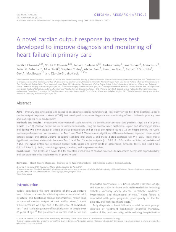A novel cardiac output response to stress test developed to improve diagnosis and monitoring of heart failure in primary care Thumbnail
