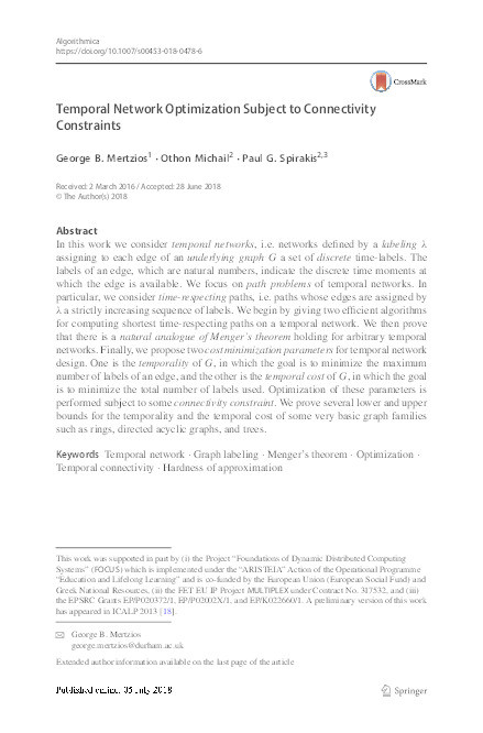 Temporal network optimization subject to connectivity constraints Thumbnail