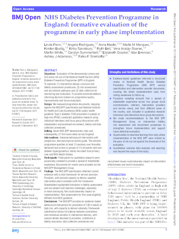 NHS Diabetes Prevention Programme in England: formative evaluation of the programme in early phase implementation Thumbnail