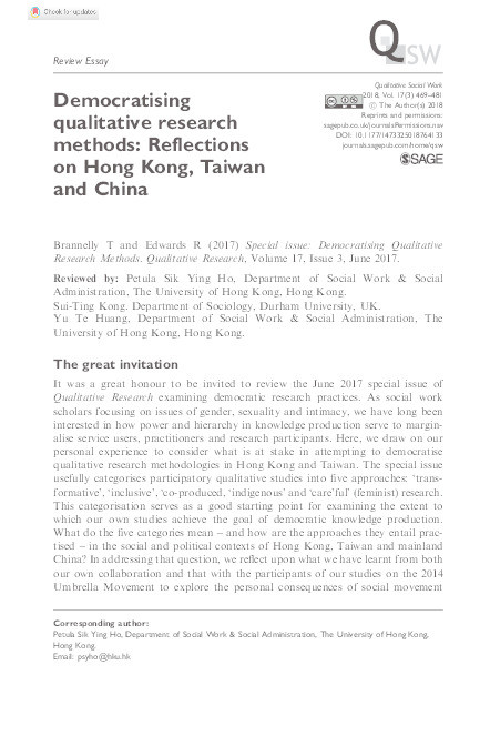 Democratising qualitative research methods: Reflections on Hong Kong, Taiwan and China Thumbnail
