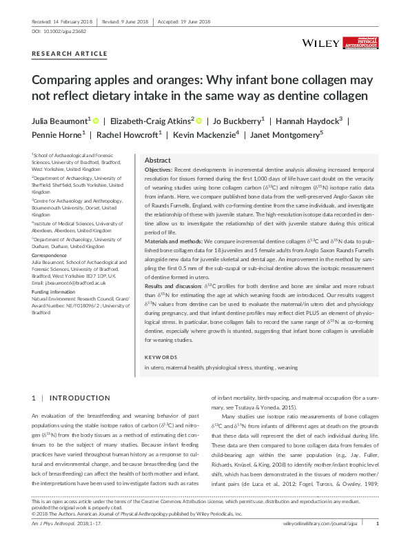 Comparing apples and oranges: why infant bone collagen may not reflect dietary intake in the same way as dentine collagen Thumbnail