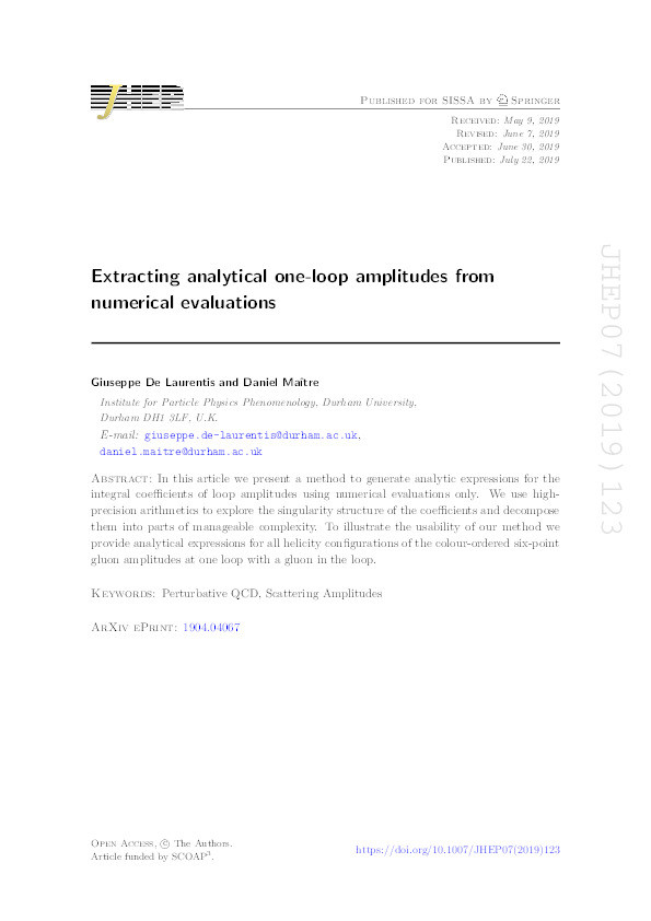 Extracting analytical one-loop amplitudes from numerical evaluations Thumbnail