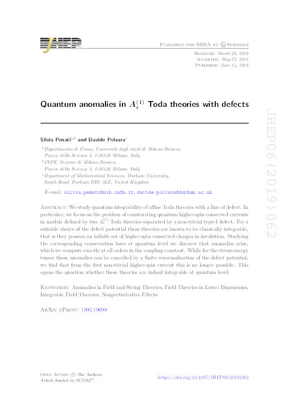 Quantum anomalies in Ar(1) Toda theories with defects Thumbnail