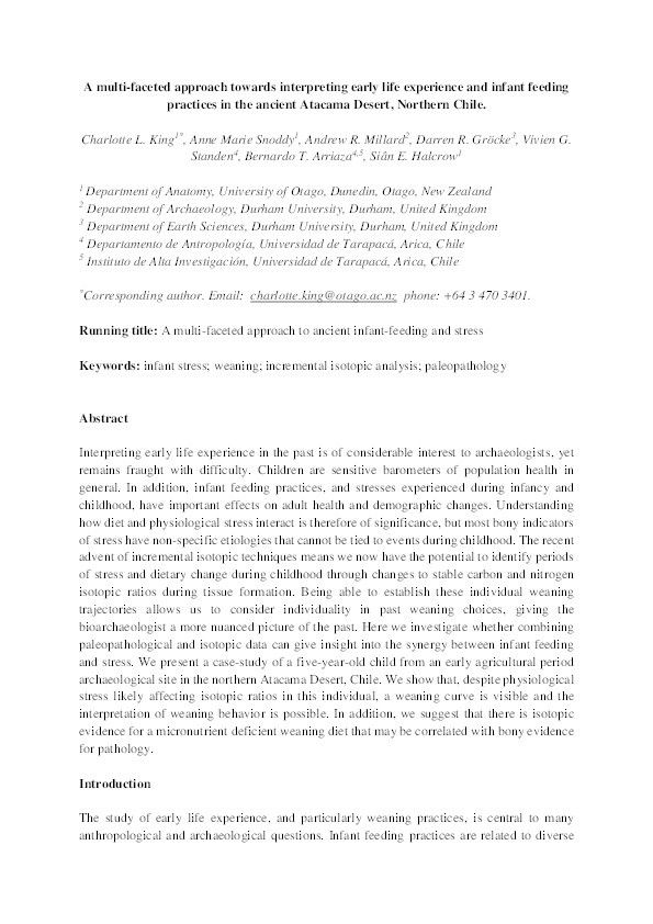 A multifaceted approach towards interpreting early life experience and infant feeding practices in the ancient Atacama Desert, Northern Chile Thumbnail