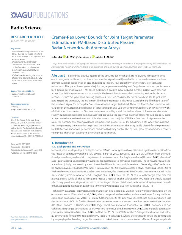 Cramér-Rao Lower Bounds for Joint Target Parameter Estimation in FM-Based Distributed Passive Radar Network with Antenna Arrays Thumbnail