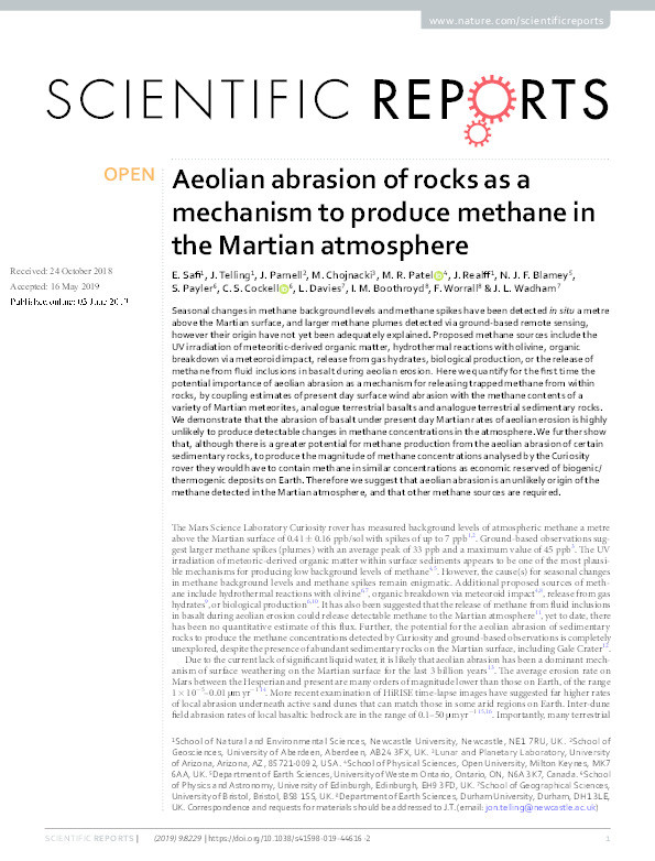 Aeolian abrasion of rocks as a mechanism to produce methane in the Martian atmosphere Thumbnail