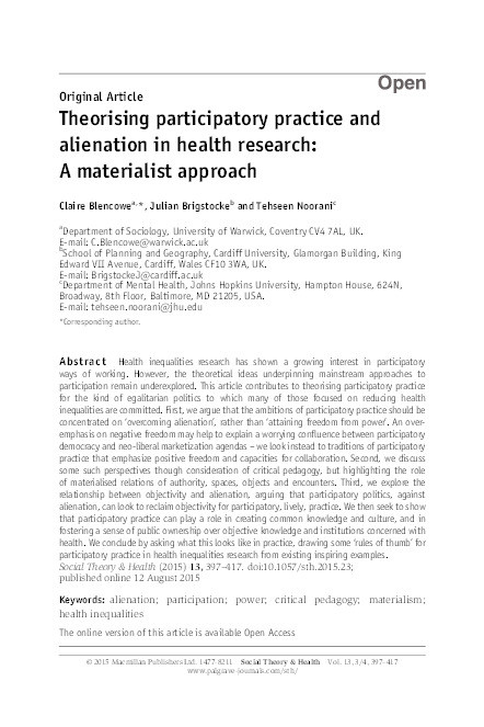 Theorising participatory practice and alienation in health research: A materialist approach Thumbnail
