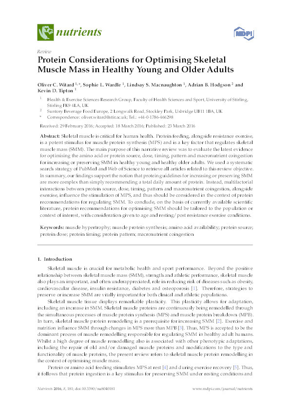 Protein considerations for optimising skeletal muscle mass in healthy young and older adults Thumbnail