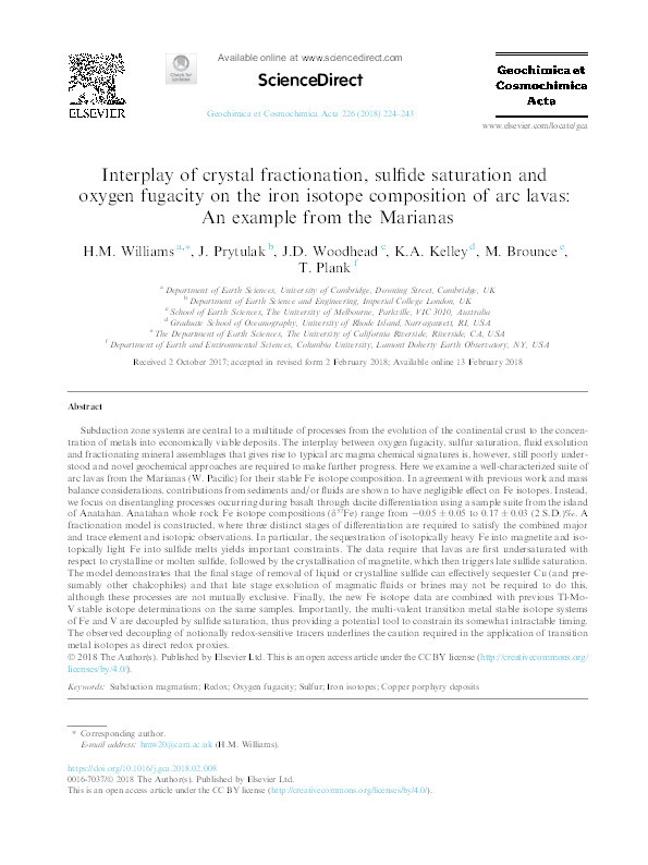 Interplay of crystal fractionation, sulfide saturation and oxygen fugacity on the iron isotope composition of arc lavas: An example from the Marianas Thumbnail