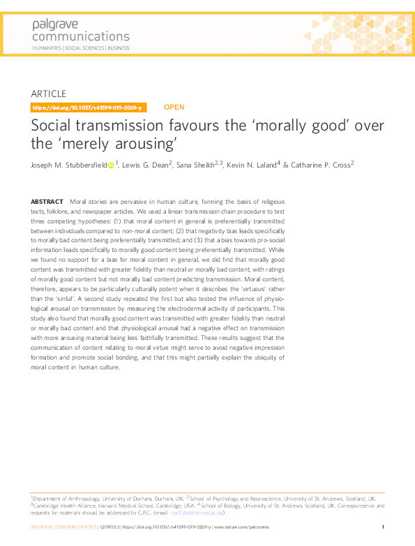 Social transmission favours the ‘morally good’ over the ‘merely arousing’ Thumbnail