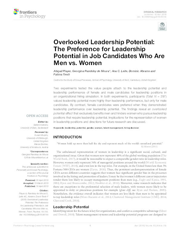 Overlooked Leadership Potential: The Preference for Leadership Potential in Job Candidates Who Are Men vs. Women Thumbnail