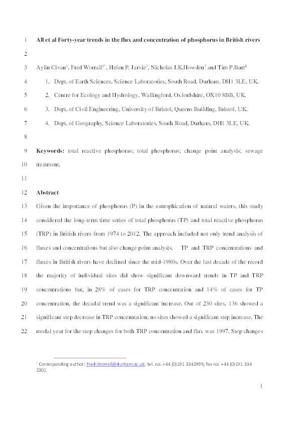 Forty-year trends in the flux and concentration of phosphorus in British rivers Thumbnail