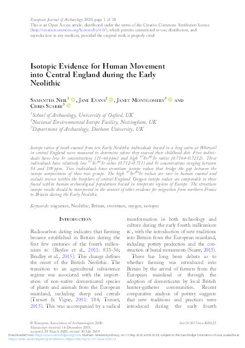 Isotopic evidence for human movement into central England during the Early Neolithic Thumbnail
