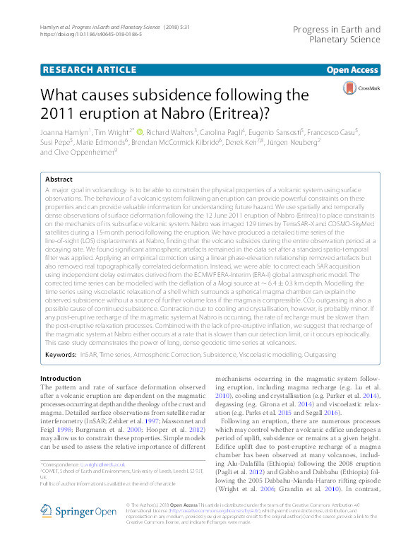 What causes subsidence following the 2011 eruption at Nabro (Eritrea)? Thumbnail