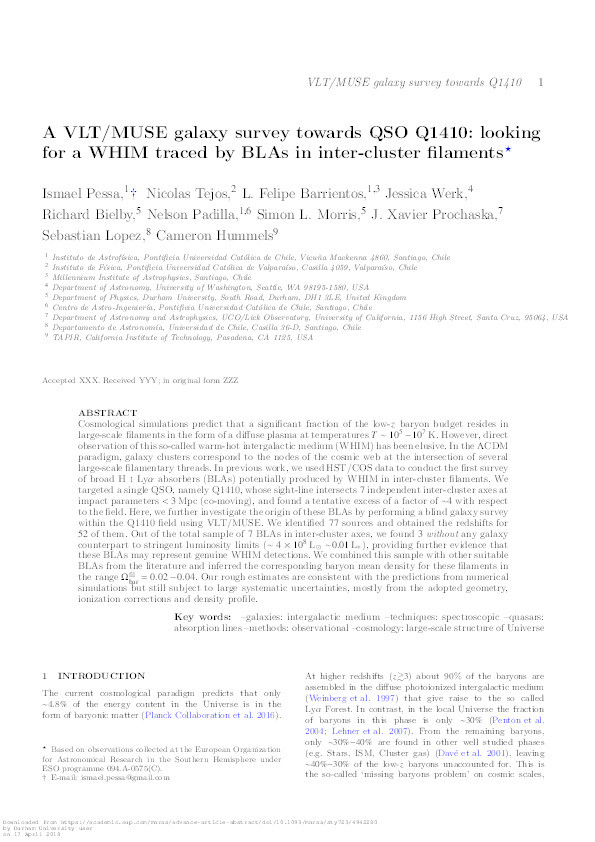 A VLT/MUSE galaxy survey towards QSO Q1410: looking for a WHIM traced by BLAs in inter-cluster filaments† Thumbnail