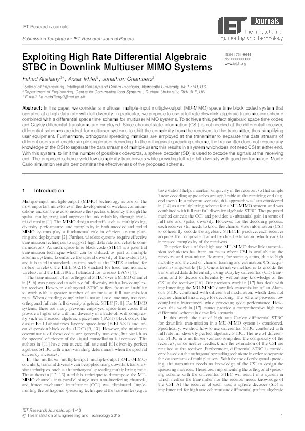 Exploiting High Rate Differential Algebraic STBC in Downlink Multiuser MIMO Systems Thumbnail