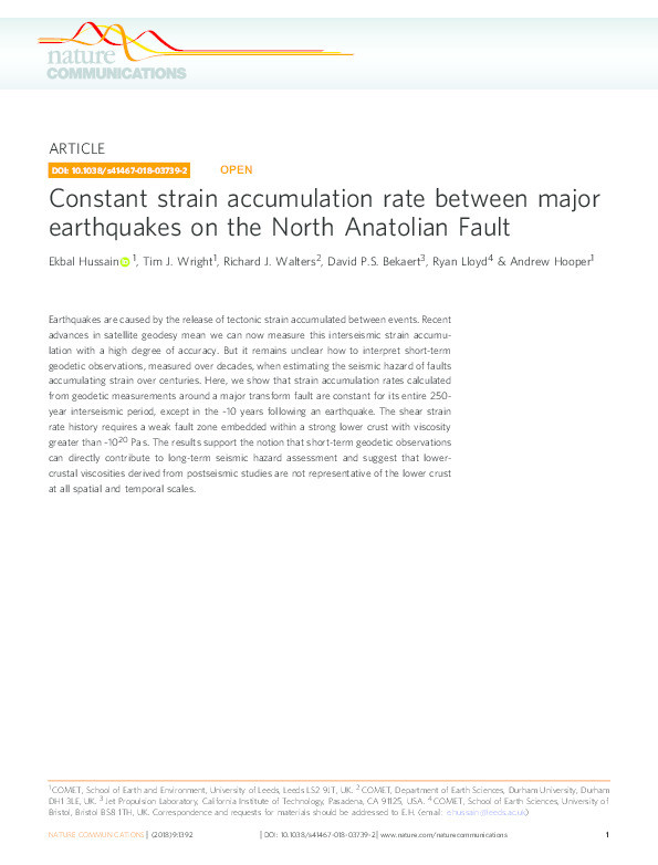 Constant strain accumulation rate between major earthquakes on the North Anatolian Fault Thumbnail