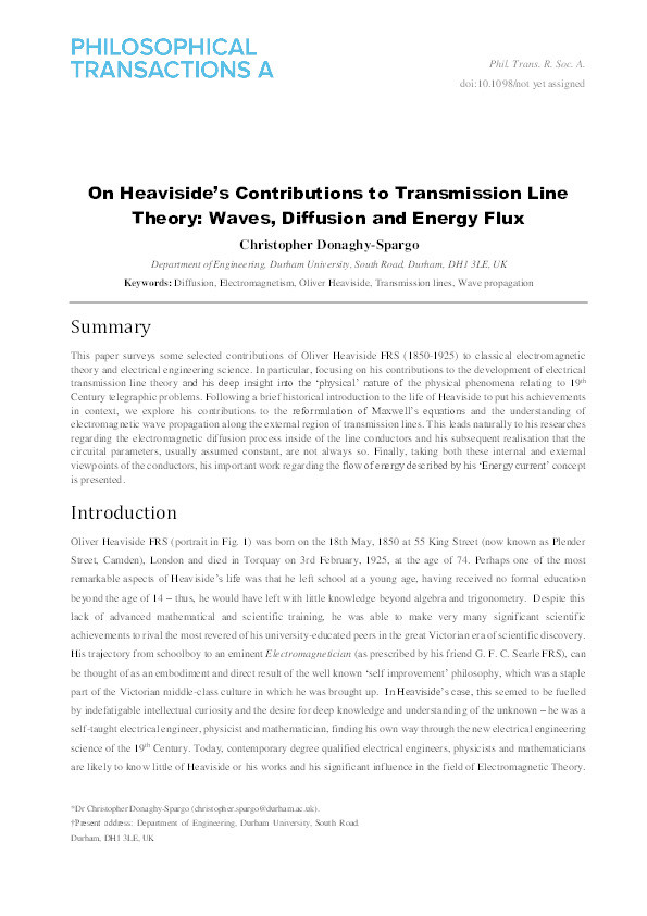 On Heaviside’s Contributions to Transmission Line Theory: Waves, Diffusion and Energy Flux Thumbnail
