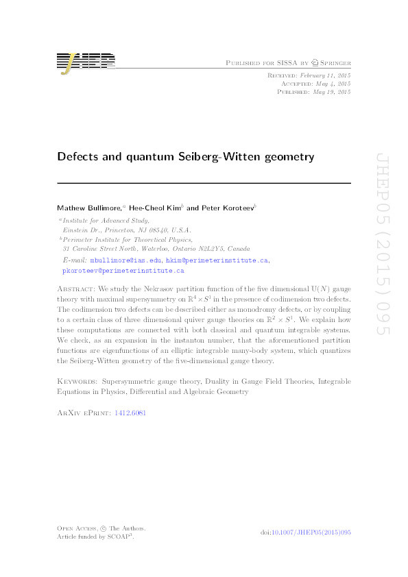 Defects and quantum Seiberg-Witten geometry Thumbnail