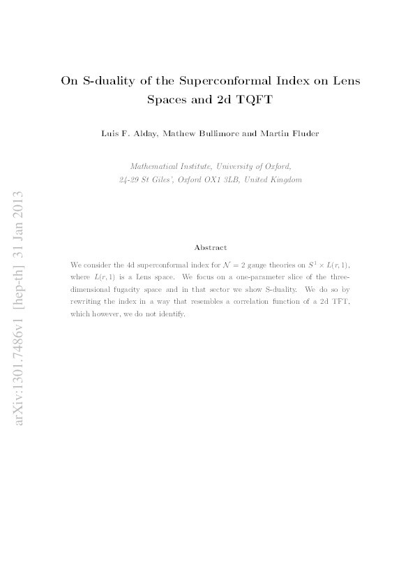 On S-duality of the superconformal index on lens spaces and 2d TQFT Thumbnail