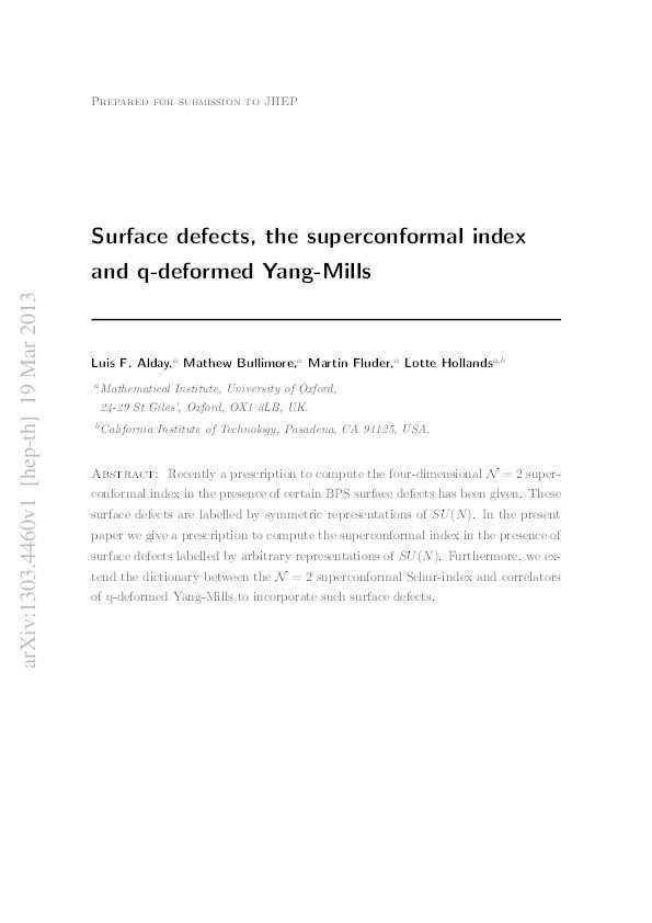 Surface defects, the superconformal index and q-deformed Yang-Mills Thumbnail