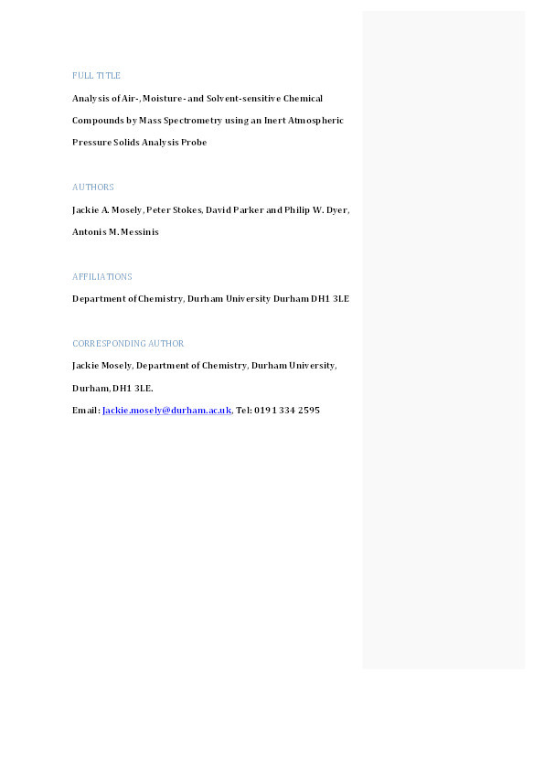Analysis of air-, moisture- and solvent-sensitive chemical compounds by mass spectrometry using an inert atmospheric pressure solids analysis probe Thumbnail