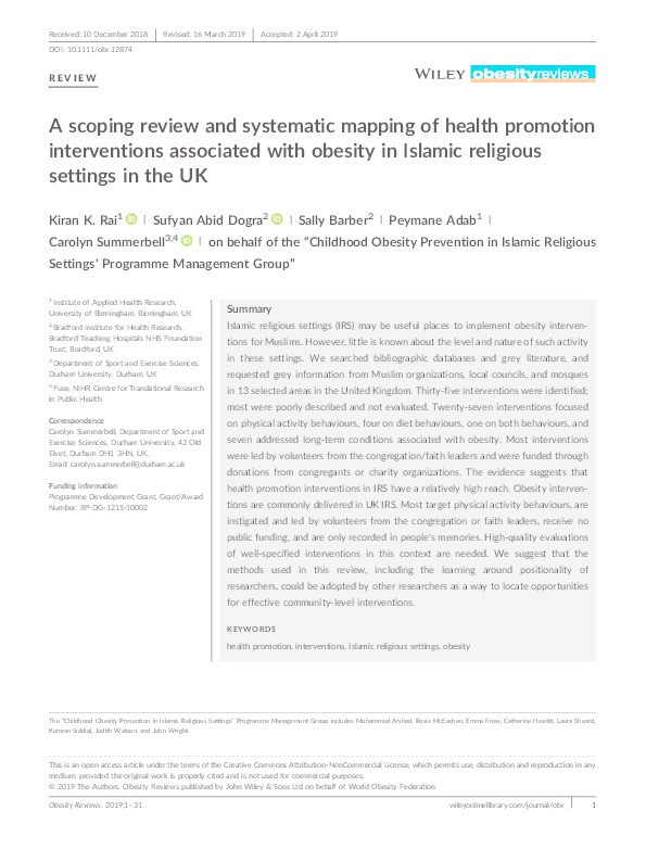A scoping review and systematic mapping of health promotion interventions associated with obesity in Islamic religious settings in the UK Thumbnail